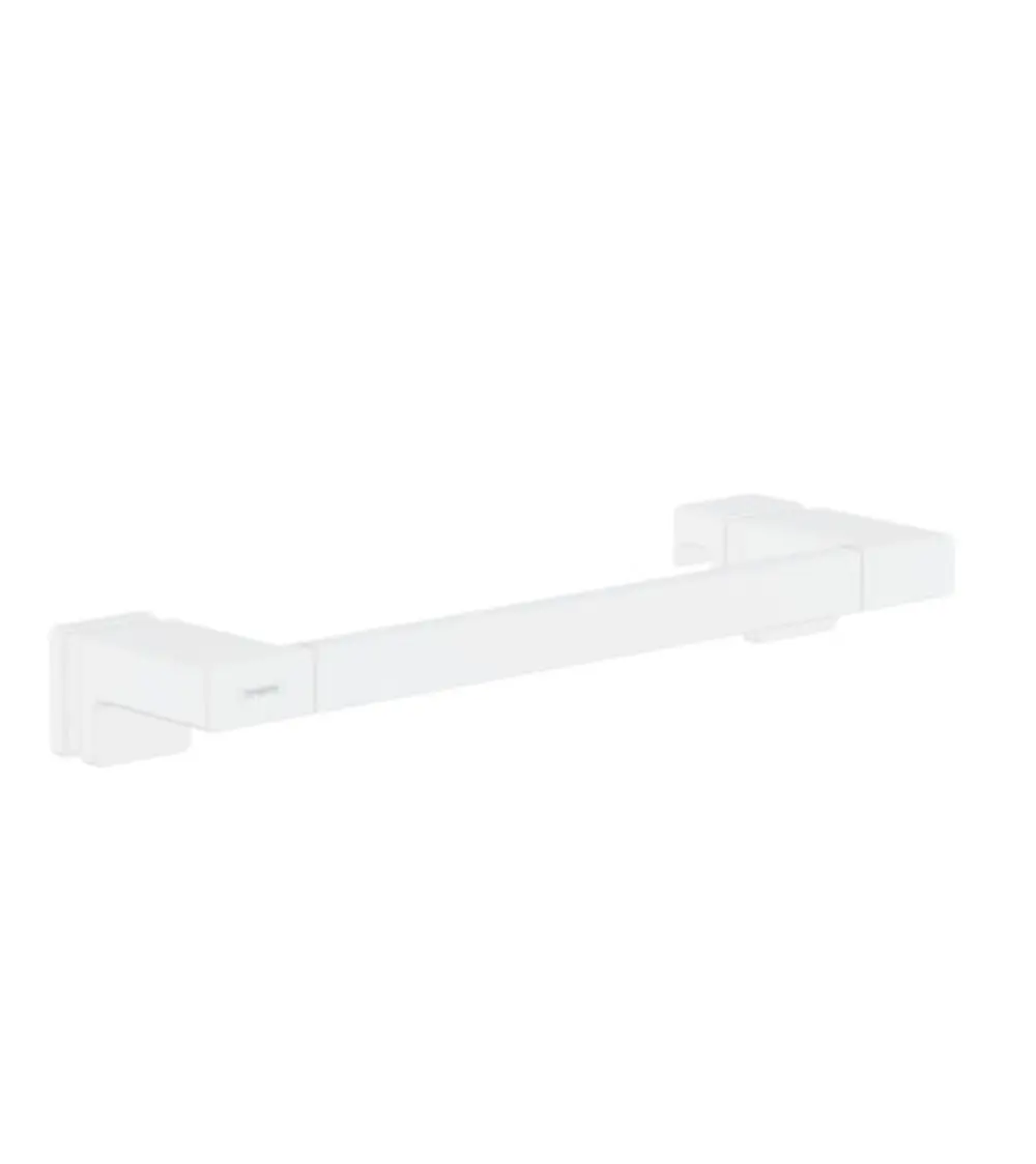 Weißer Duschtürgriff von Hansgrohe mit klaren Linien und einem minimalistischen Design, montiert auf einer hellen Oberfläche.